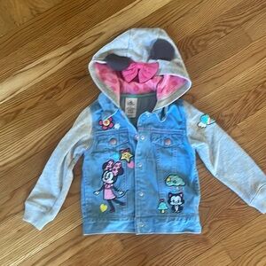 Disney kids Jean jacket with sweatshirt trim. Embroidery. Minnie ears hood 3T